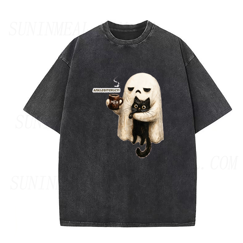 Ghost Black Cat Coffee Halloween Unisex Tee