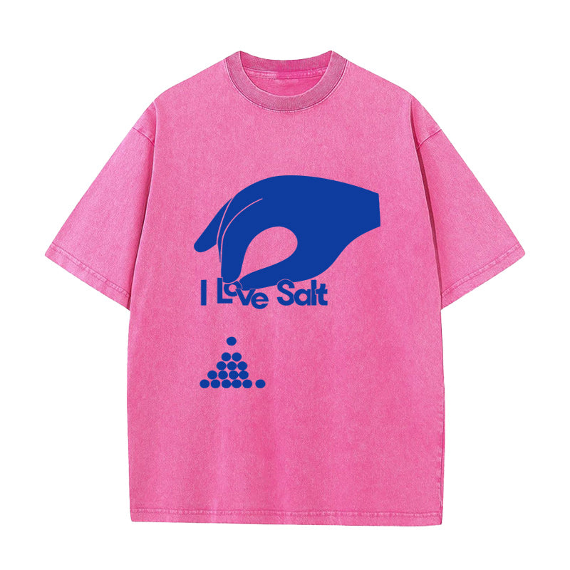 Pink t-shirt with blue graphic and text 'I Love Salt' on a white background