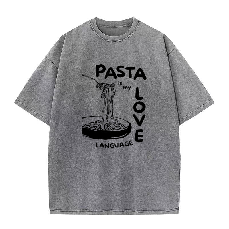 Gray t-shirt with 'Pasta is my love language' text and graphic on a white background