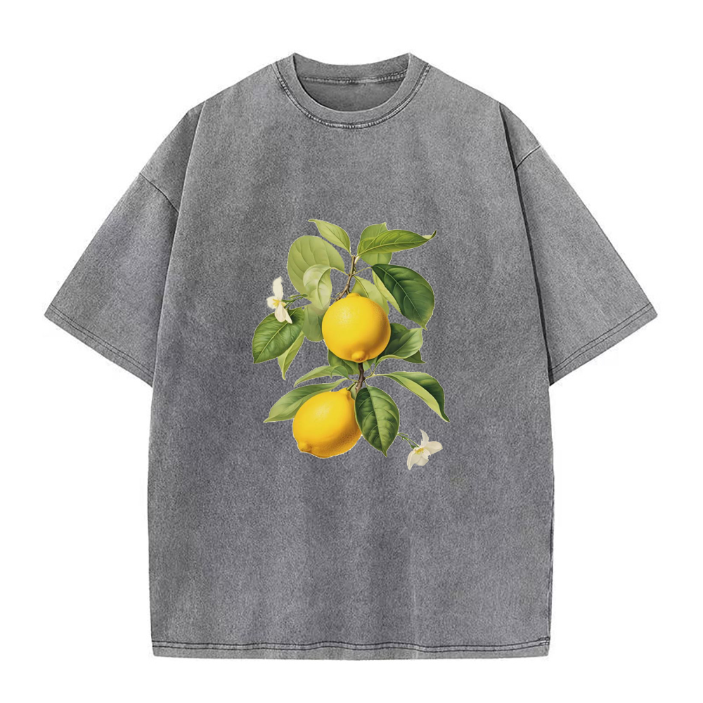 Oversized gray crew neck t-shirt with a printed lemon and leaf design in the center.