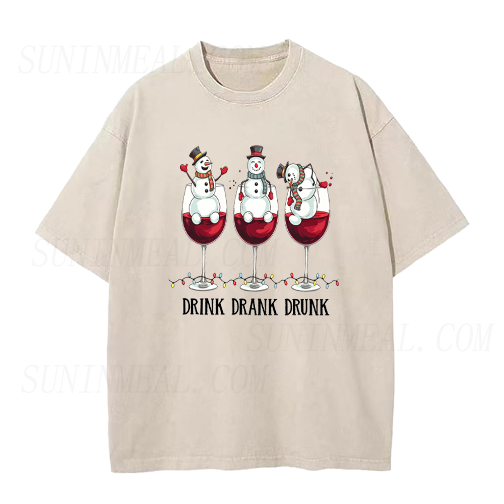 Drink Drank Drunk Funny Snowman Wine Glass Christmas Graphic Unisex Tee