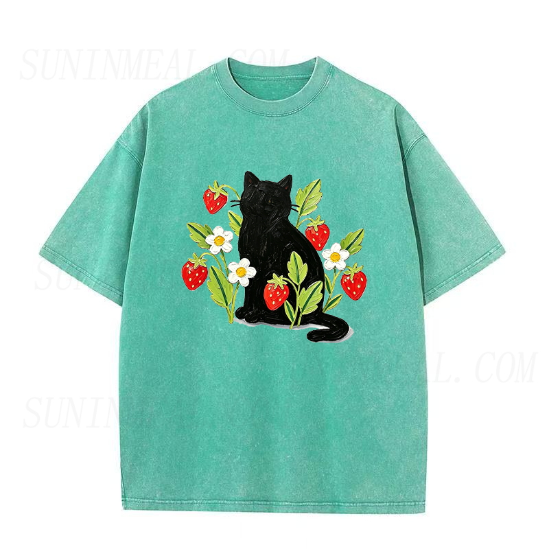 Black Cat with Strawberries and Flowers Unisex Tee