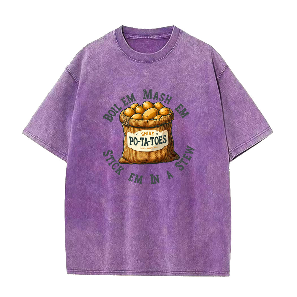 Purple t-shirt with a graphic of a bag of potatoes and text on a white background
