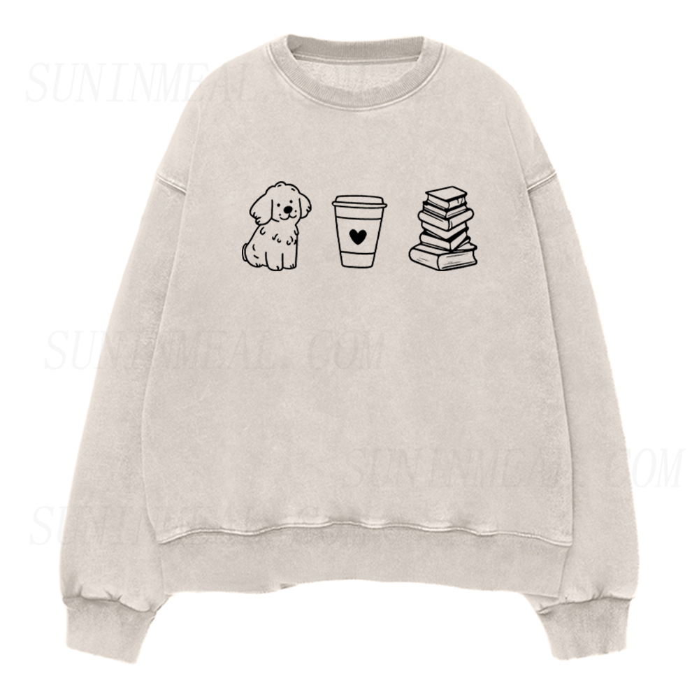 Cute Puppy Coffee Book Lover Graphic Unisex Crewneck Sweatshirt