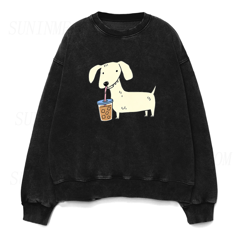 Dachshund Drinking Iced Coffee Unisex Crewneck Sweatshirt