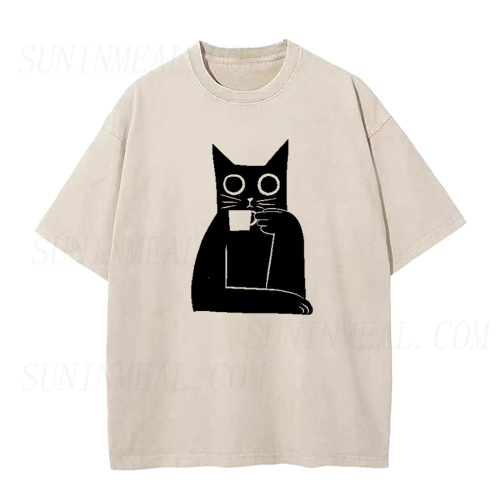Black Cat Drinking Coffee Unisex Tee
