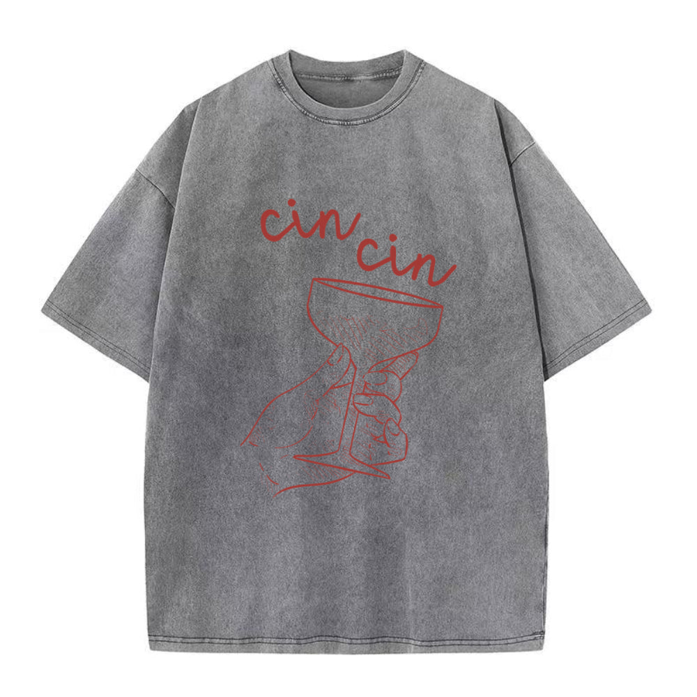 Gray t-shirt with red graphic and 'cin cin' text on a white background