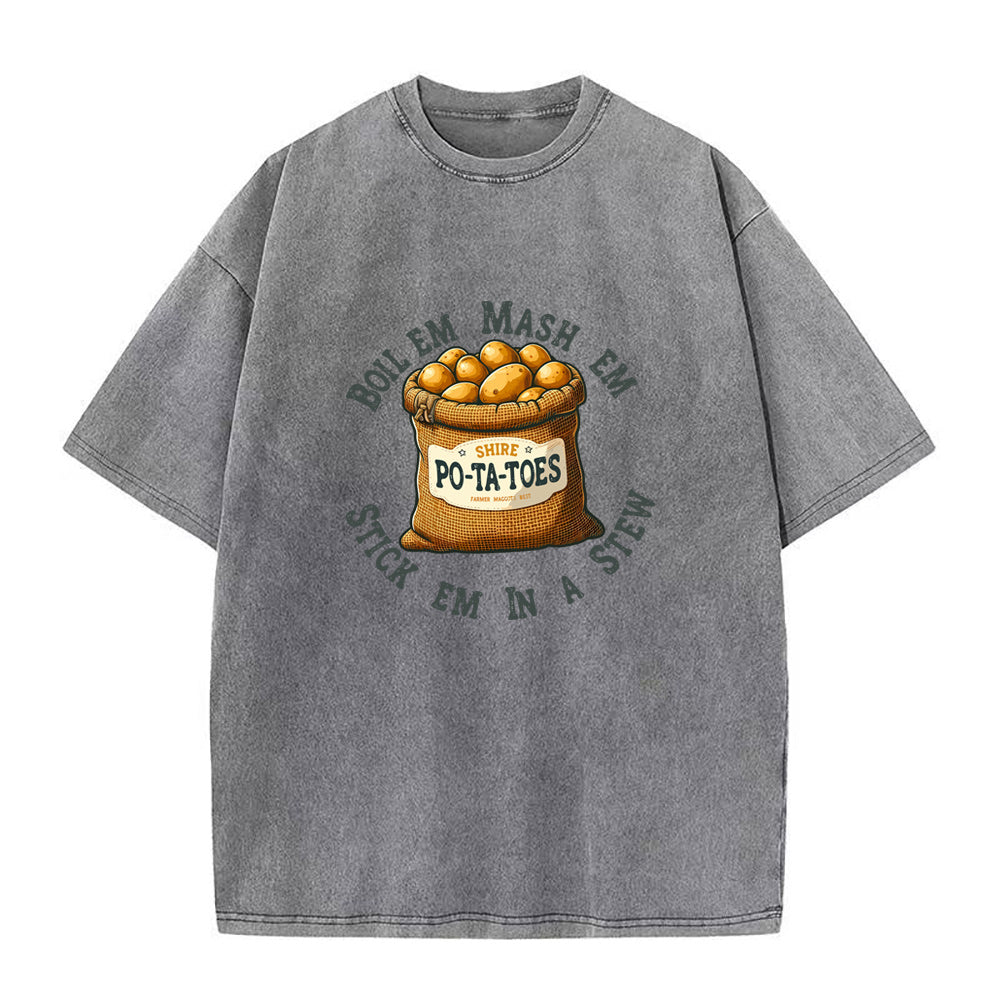 Gray t-shirt with a graphic of a potato sack and text on a white background