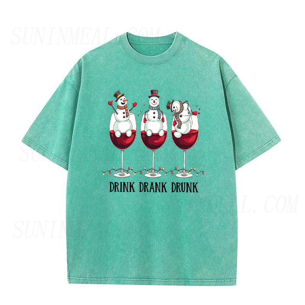 Drink Drank Drunk Funny Snowman Wine Glass Christmas Graphic Unisex Tee