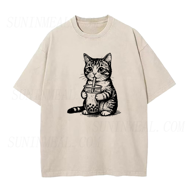 Cute Cat Drinking Bubble Tea Unisex Tee