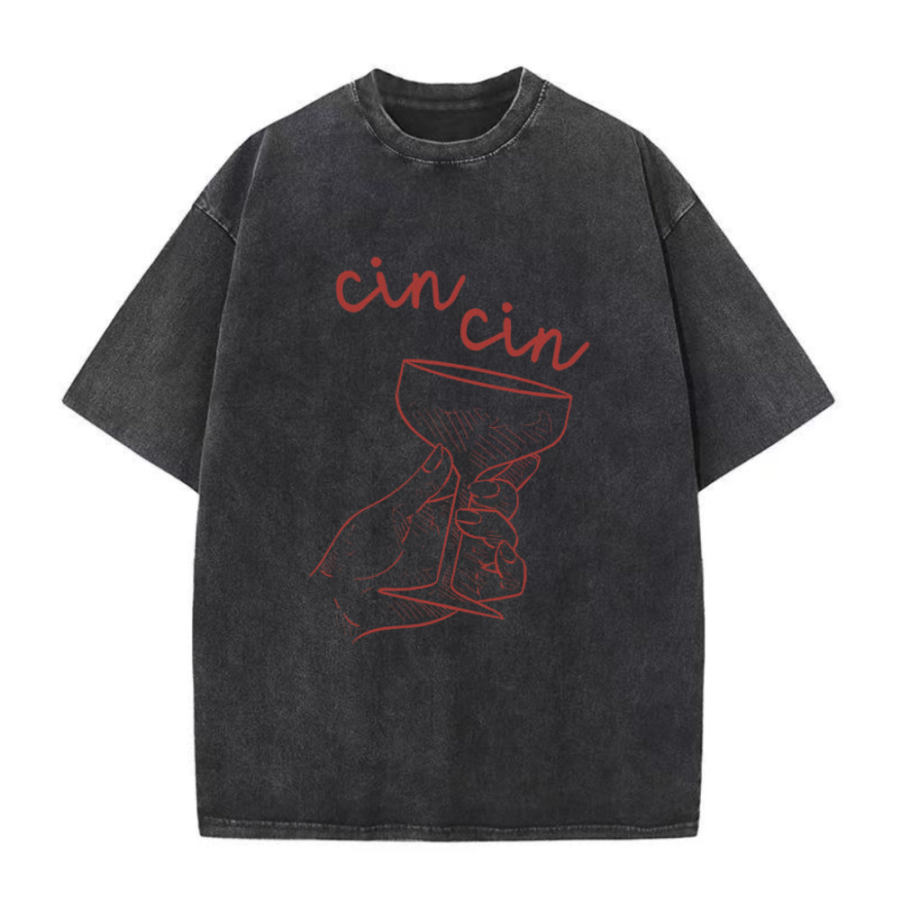 Black t-shirt with red 'cin cin' text and wine glass graphic on a white background