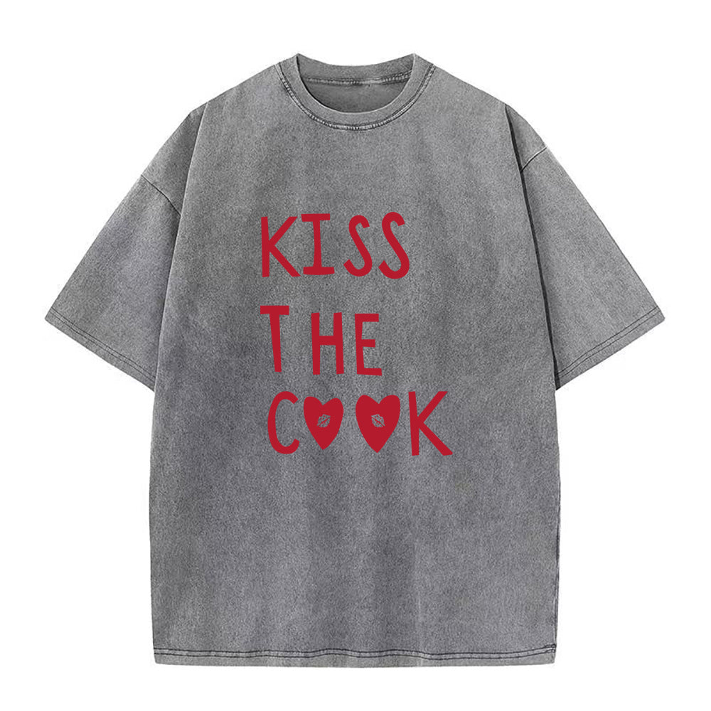 Gray t-shirt with red text 'KISS THE COOK' on a white background