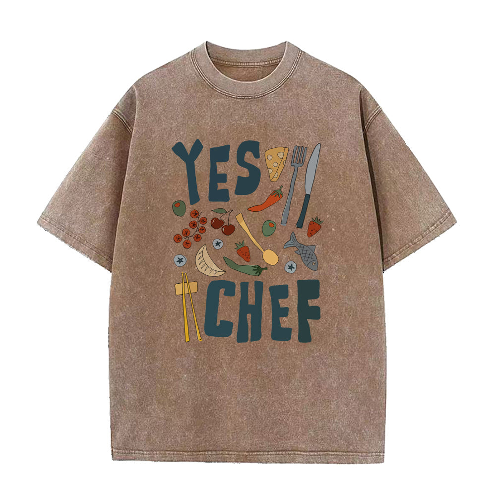 Brown t-shirt with 'YES CHEF' text and food-themed graphics on a white background