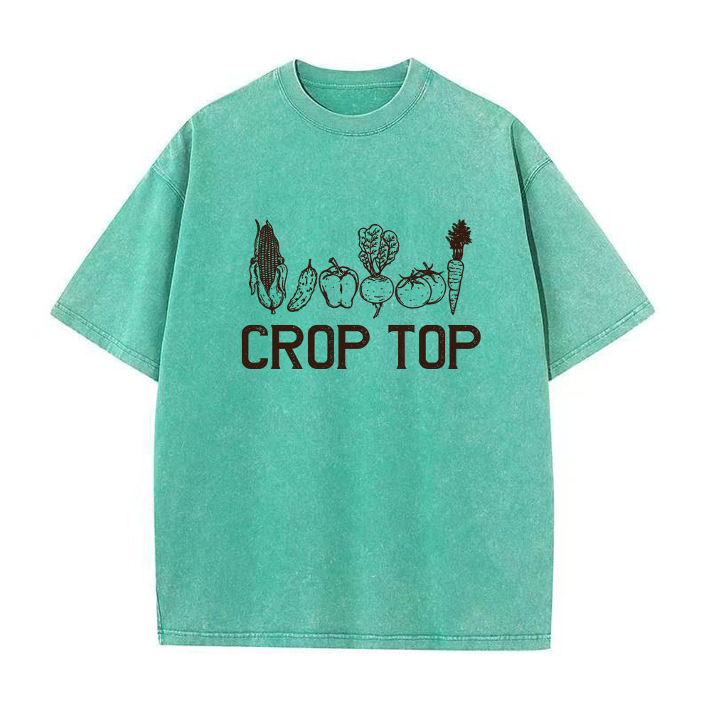 Green t-shirt with vegetable graphics and 'CROP TOP' text on a white background