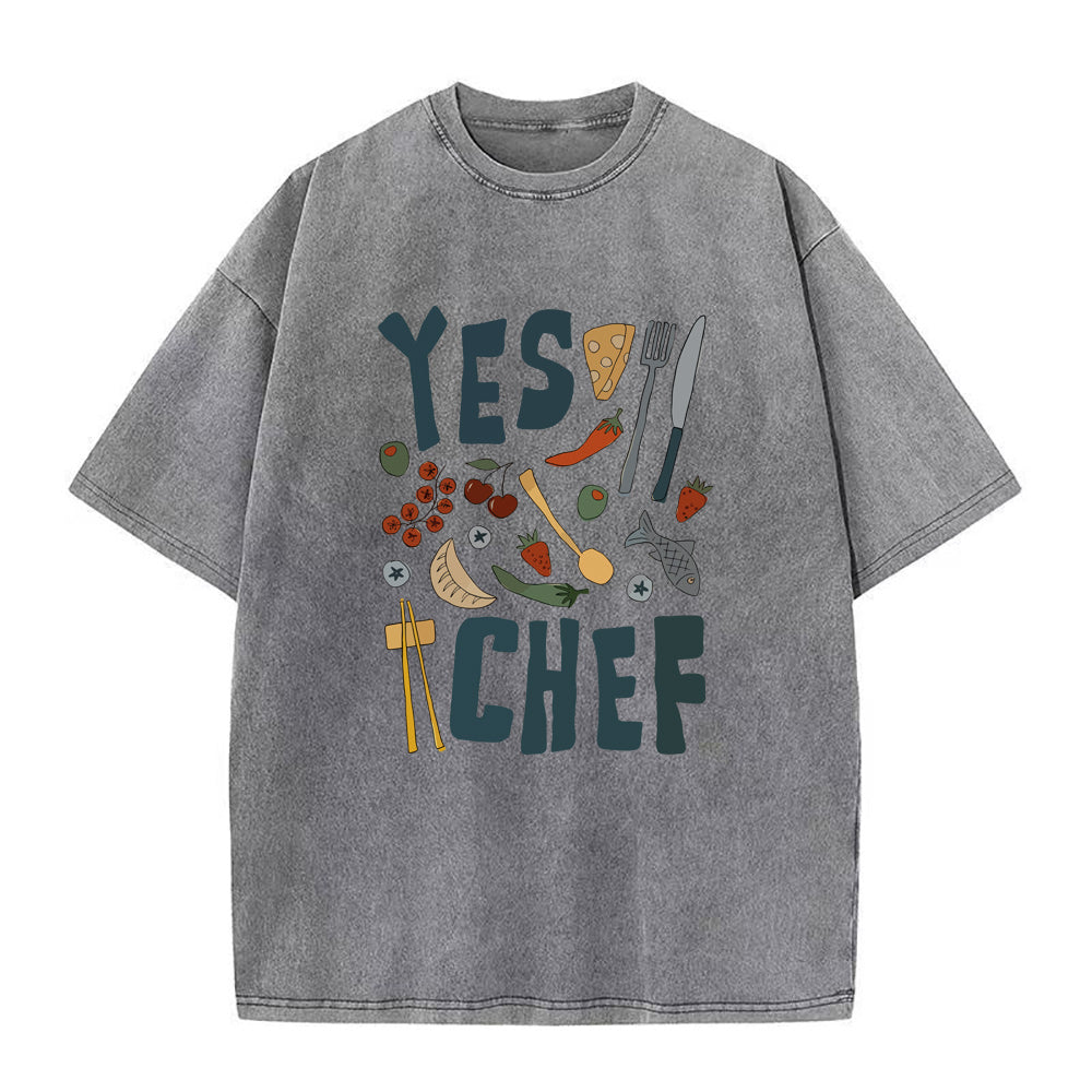 Gray t-shirt with 'YES CHEF' text and kitchen-themed graphics on a white background