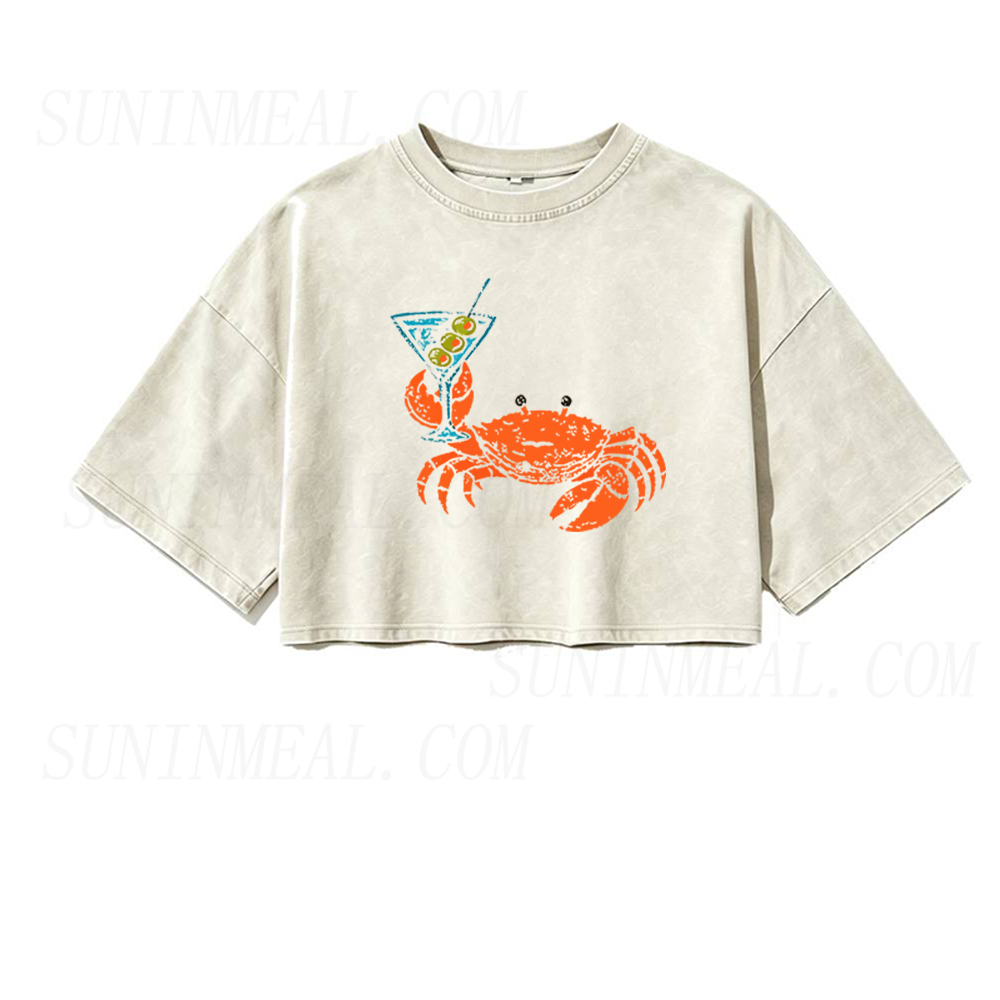 Funny Crab Holding Cocktail Oversized Crop Tee