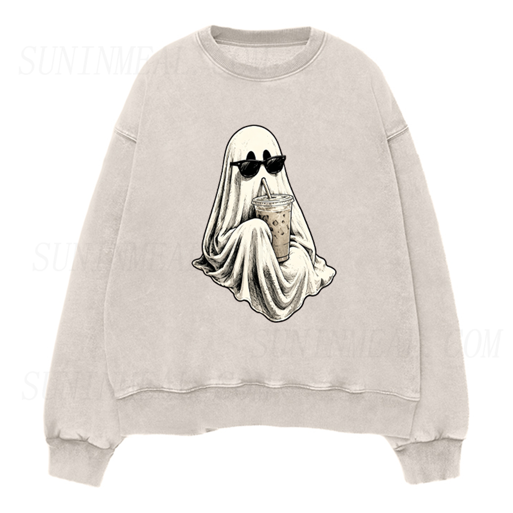 Ghost Drinking Coffee Halloween Unisex Crewneck Sweatshirt