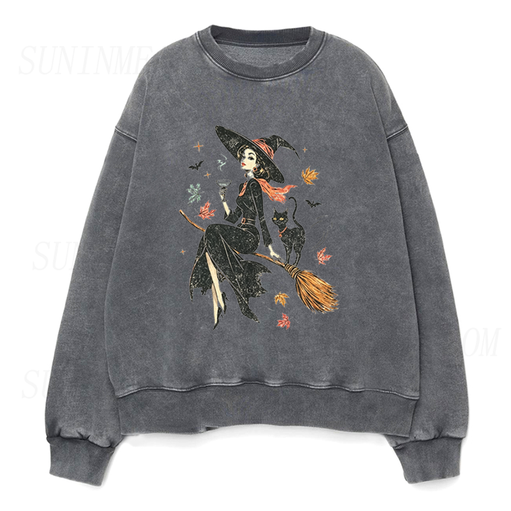 Vintage Witch & Cat Ringer Unisex Crewneck Sweatshirt