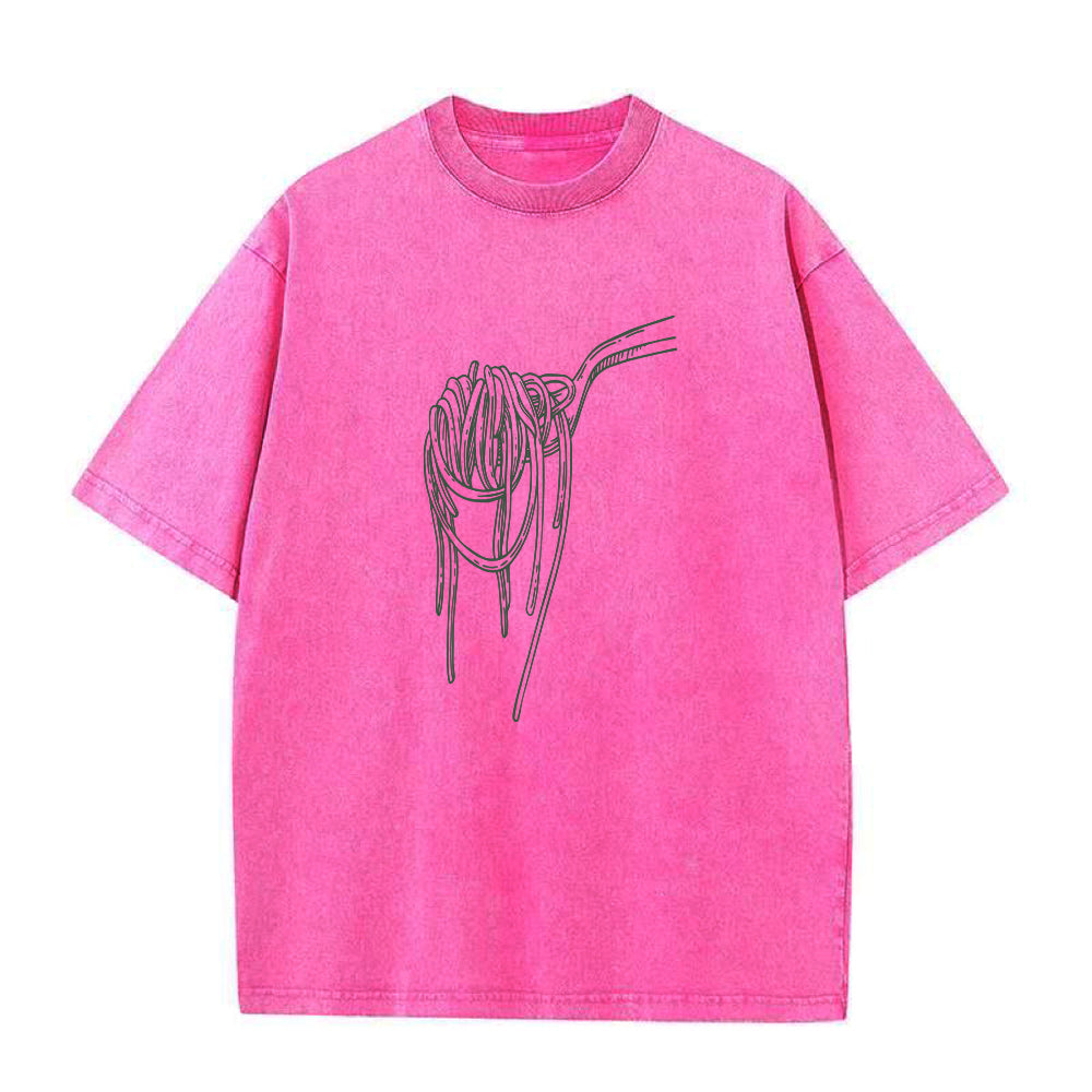 Pink t-shirt with a black spaghetti graphic on a white background