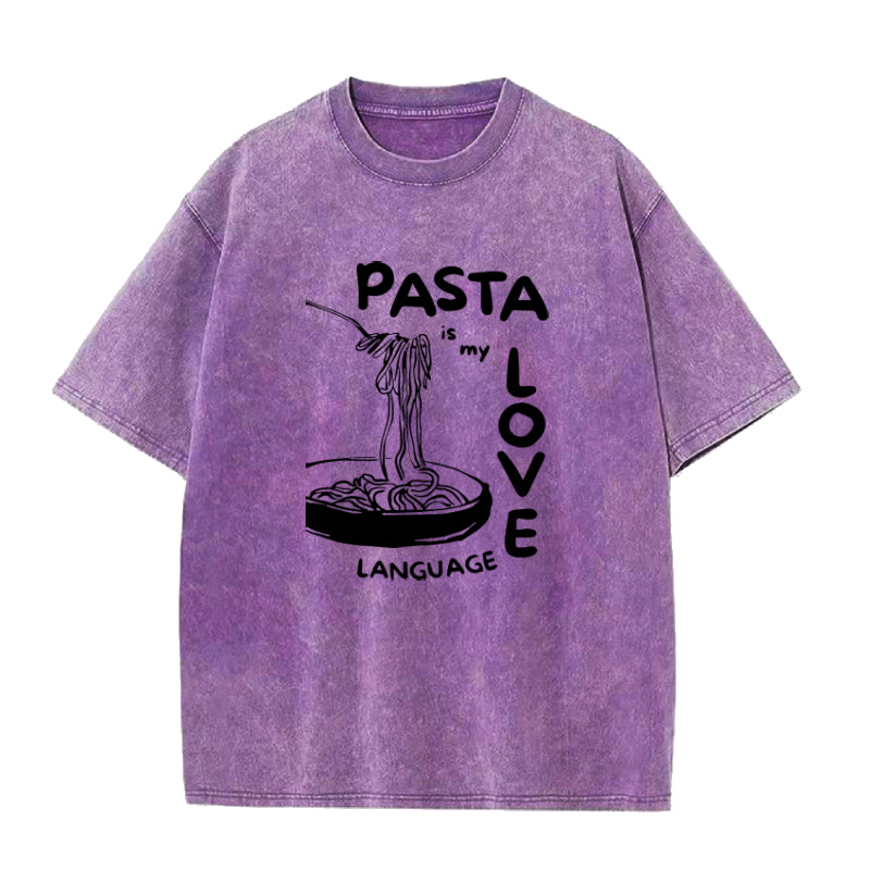 Purple t-shirt with 'Pasta is my love language' graphic and text on a white background