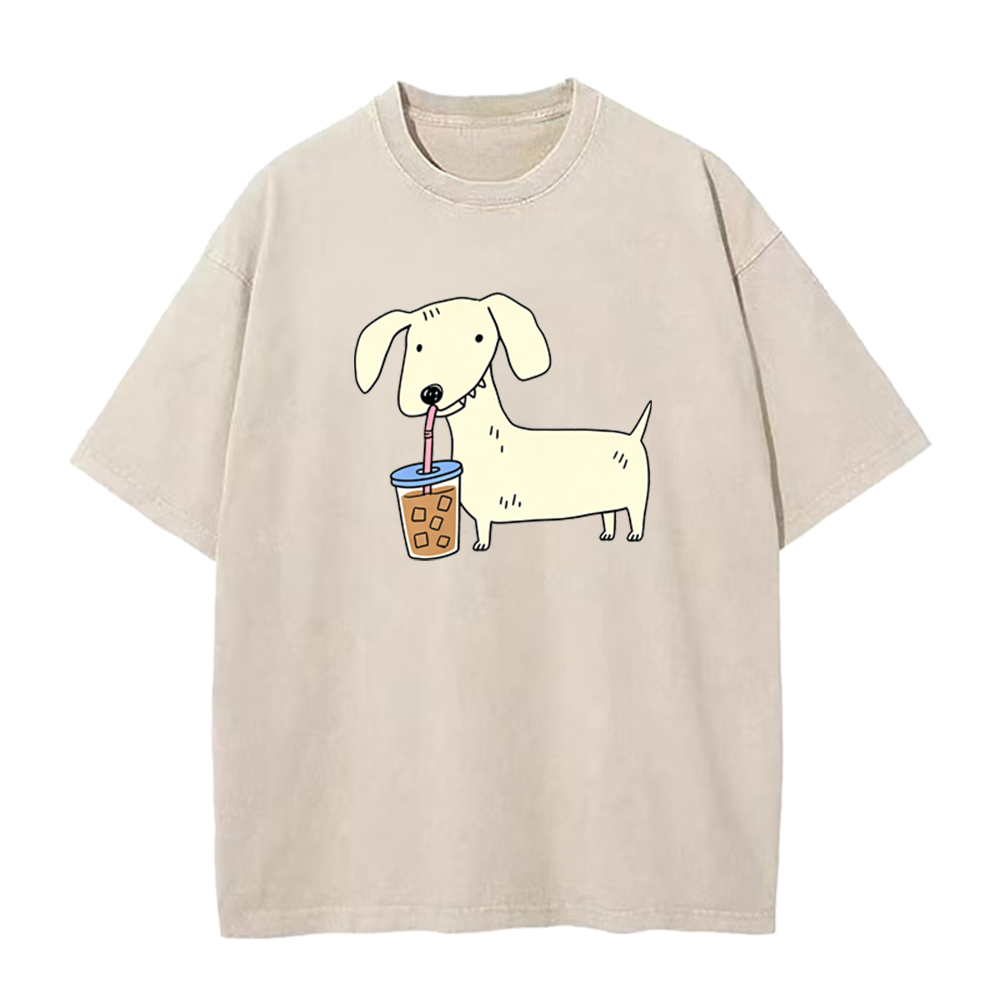 Dachshund Drinking Iced Coffee Unisex Tee