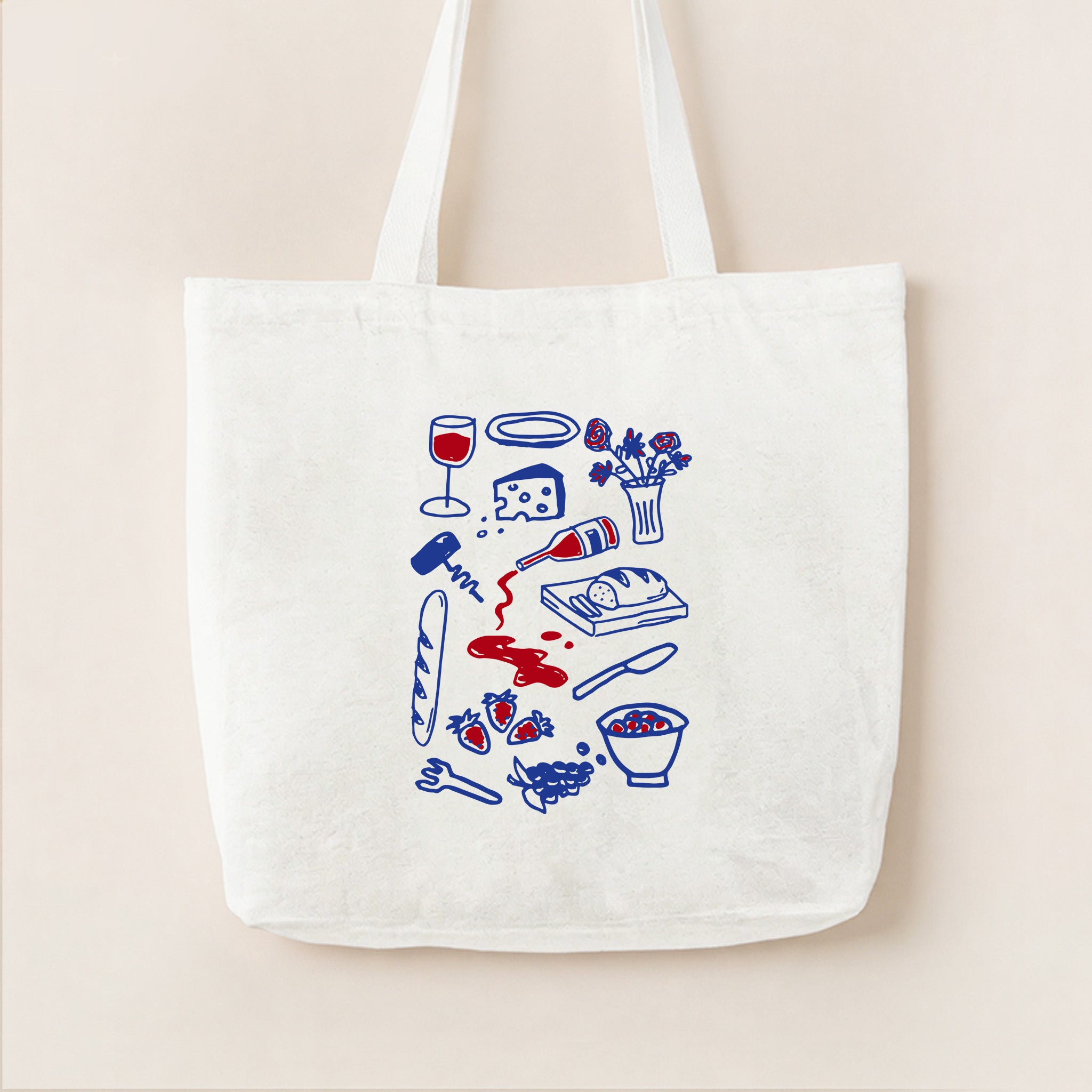 Wine Cheese Baguette and Fruits Canvas Tote Bag
