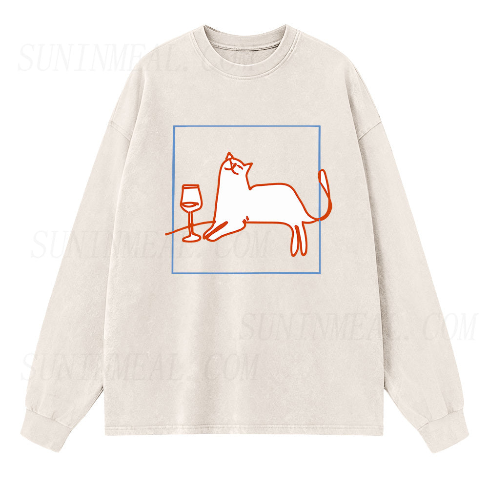 Orange Cat with Wine Long Sleeve Unisex Tee