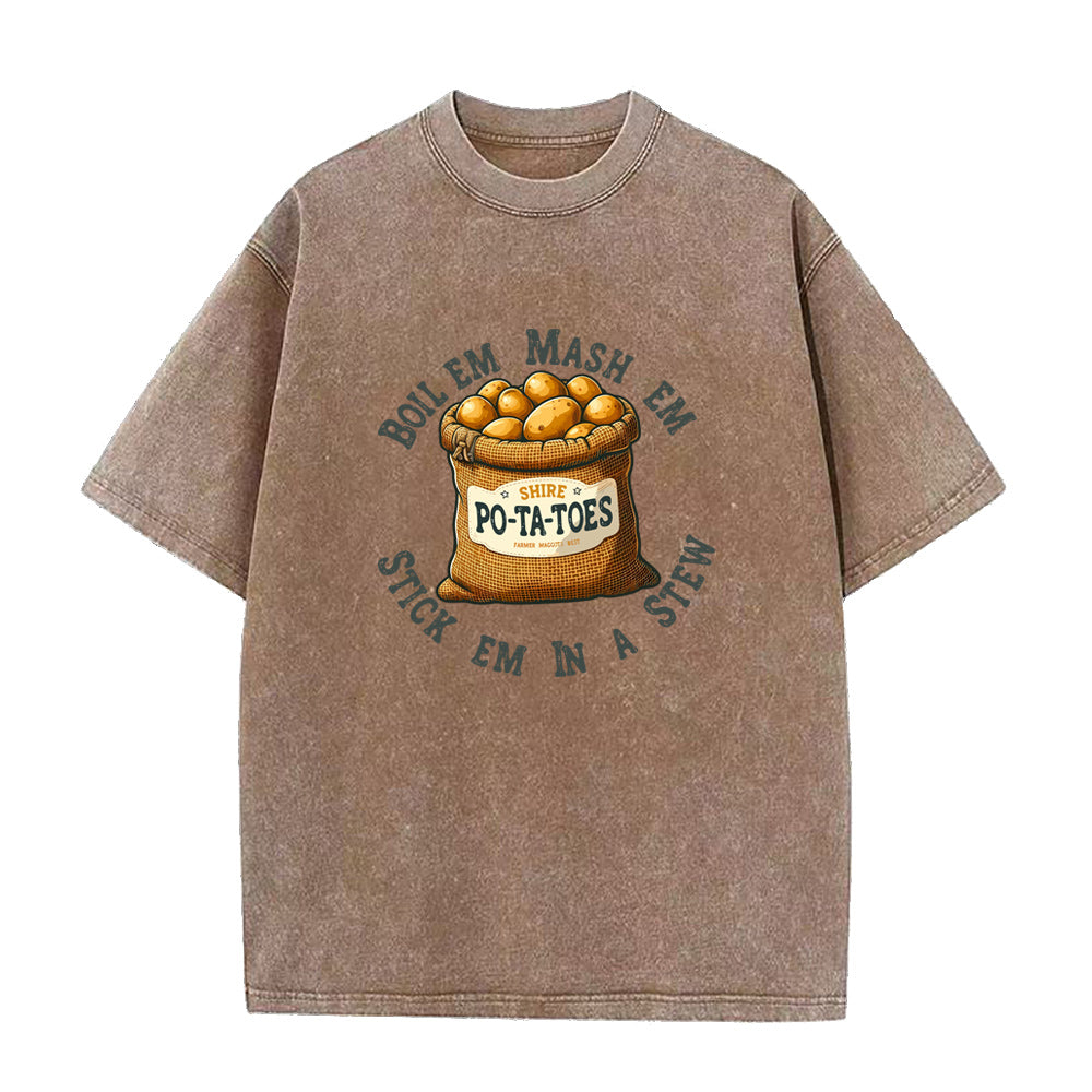 Brown t-shirt with potato bag graphic and text on a white background