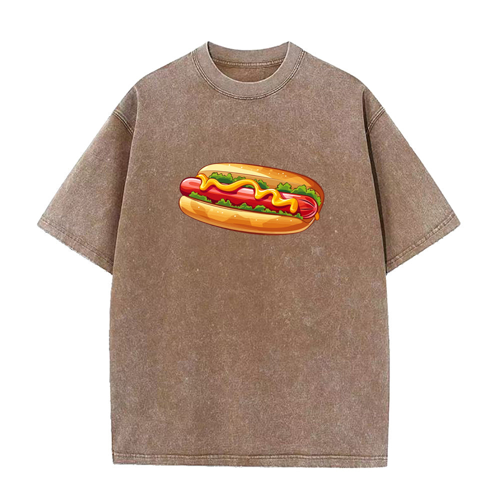 Brown t-shirt with a hot dog graphic on a white background