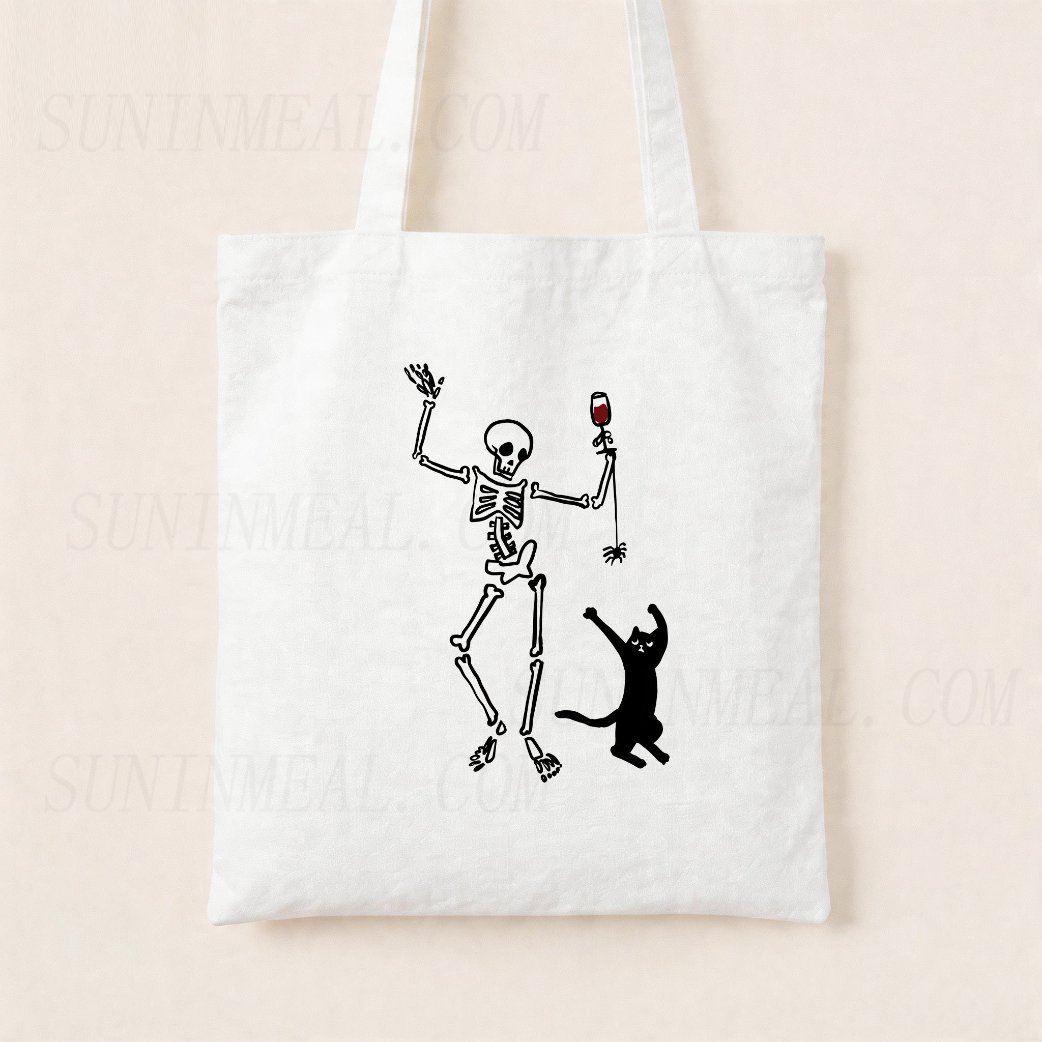 Dancing Skeleton and Cat Canvas Tote Bag