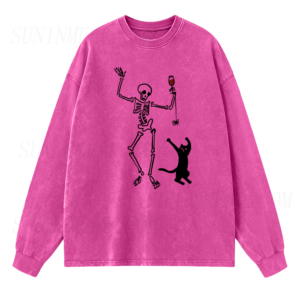 Dancing Skeleton and Cat Long Sleeve Unisex Tee