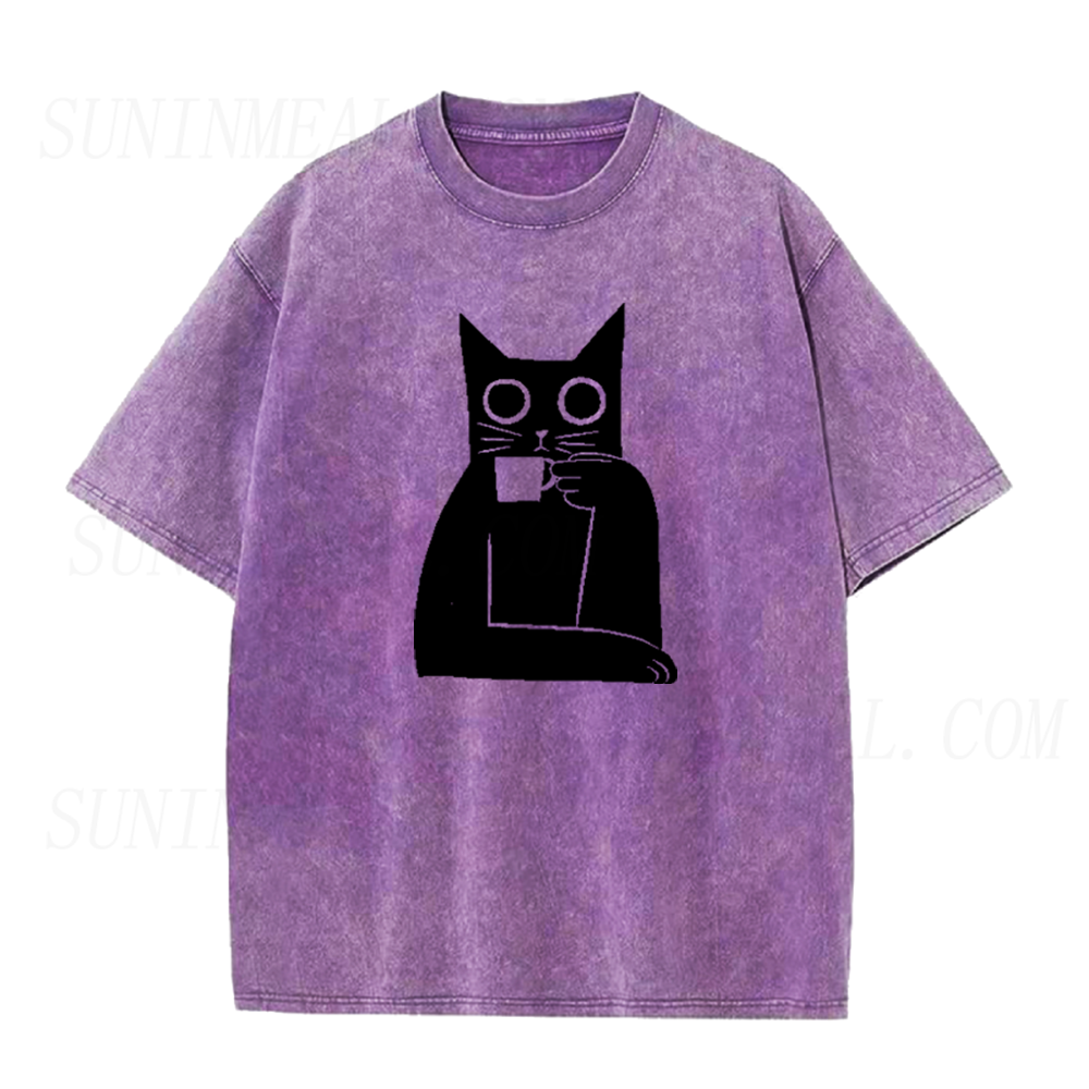 Black Cat Drinking Coffee Unisex Tee