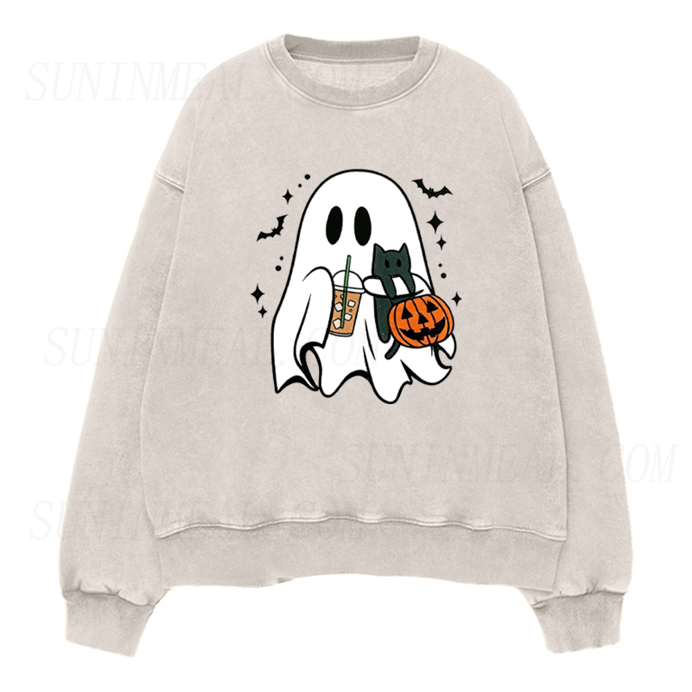 Cute Ghost Halloween Coffee Lover Unisex Crewneck Sweatshirt