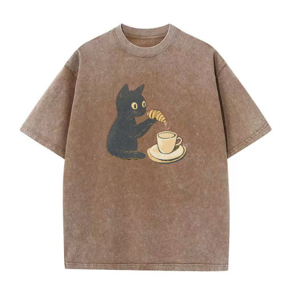 Cat Dipping Croissant in Coffee Unisex Tee