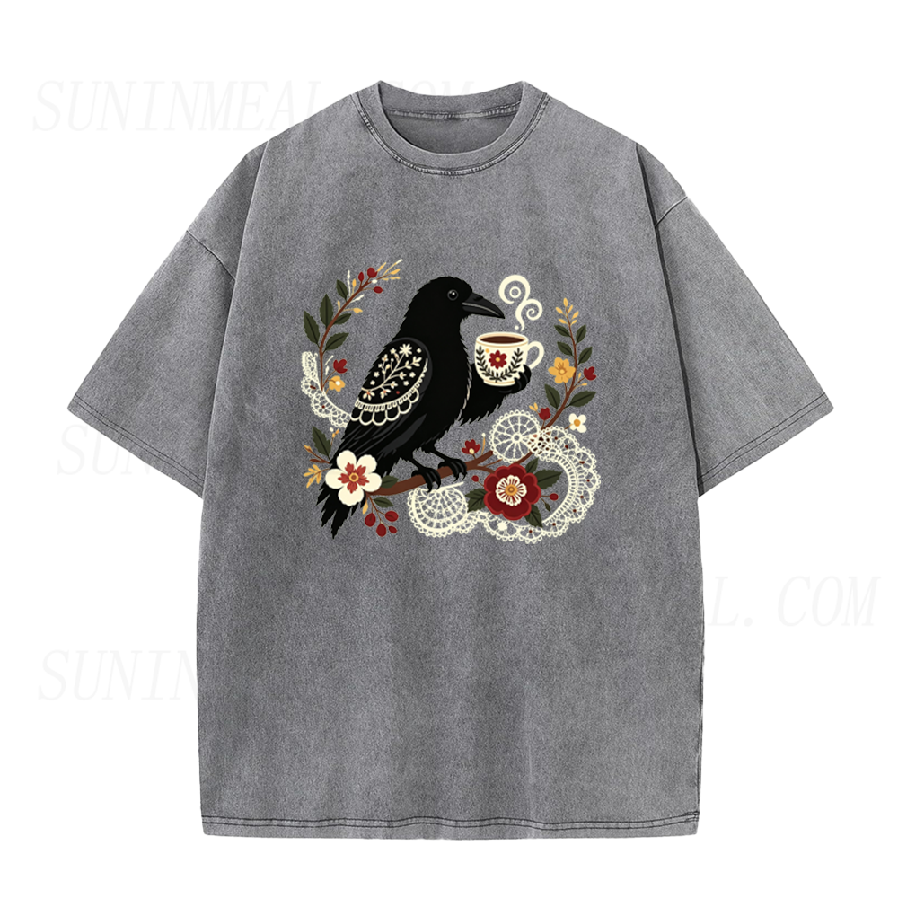 Crow with Vintage Coffee Cup Unisex Tee