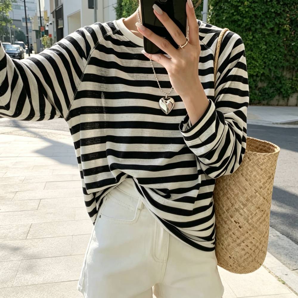 Casual Loose Striped Lightweight Long Sleeve Sun Protection Tee