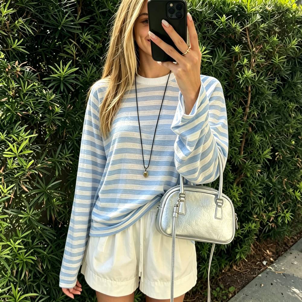 Casual Loose Striped Lightweight Long Sleeve Sun Protection Tee