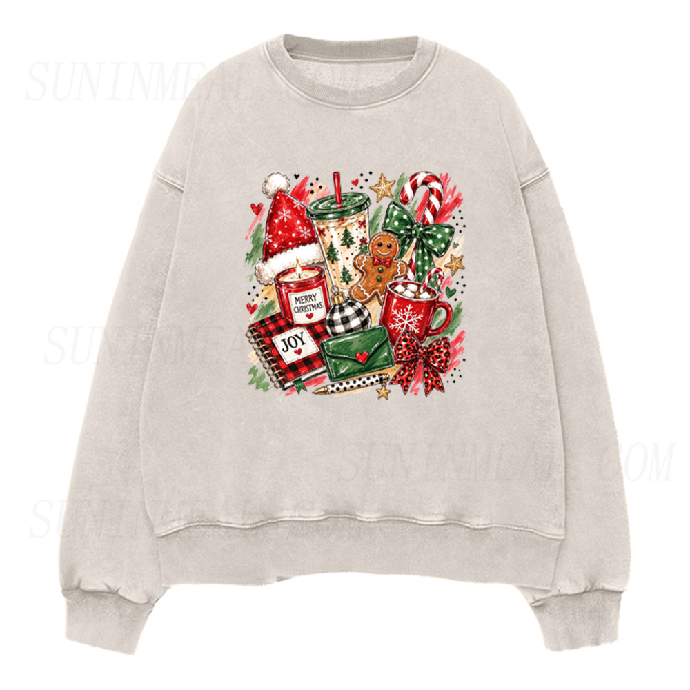 Christmas Cozy Vibes Gingerbread Candy Cane Hot Cocoa Collage Graphic Unisex Crewneck Sweatshirt