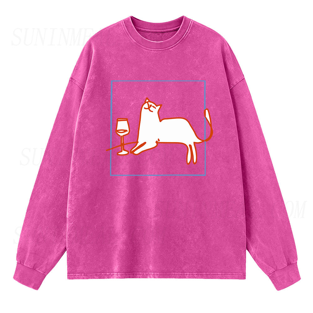 Orange Cat with Wine Long Sleeve Unisex Tee