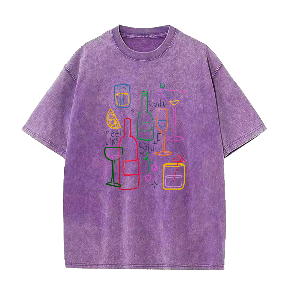 Purple t-shirt with colorful drink graphics on a white background