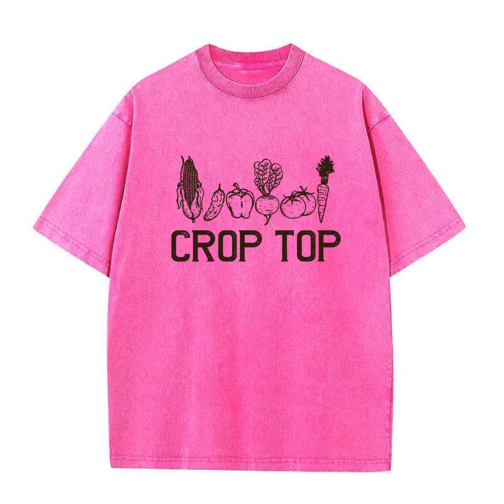Pink t-shirt with black vegetable graphics and 'CROP TOP' text on a white background