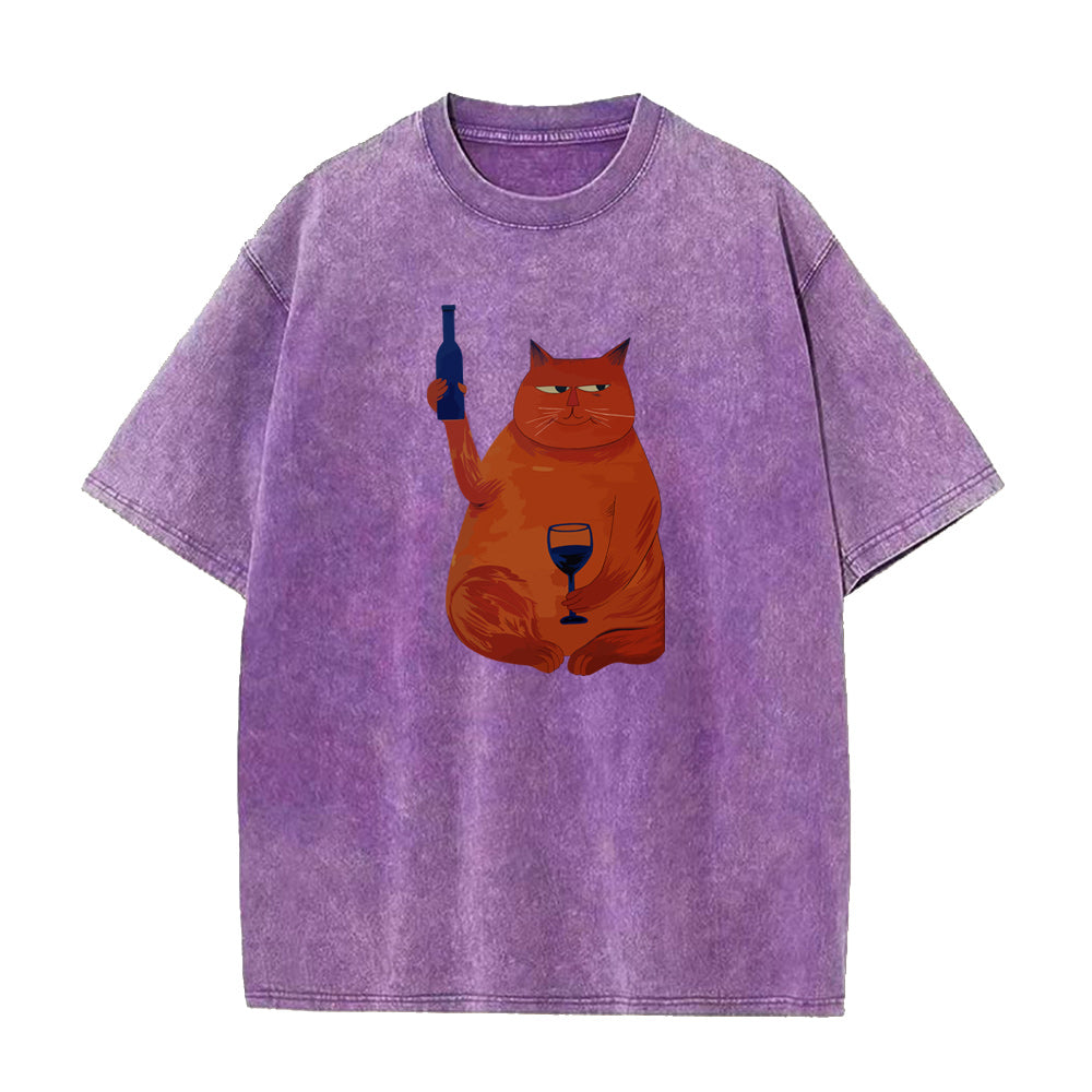 Purple t-shirt with a cat graphic holding a bottle and glass on a white background