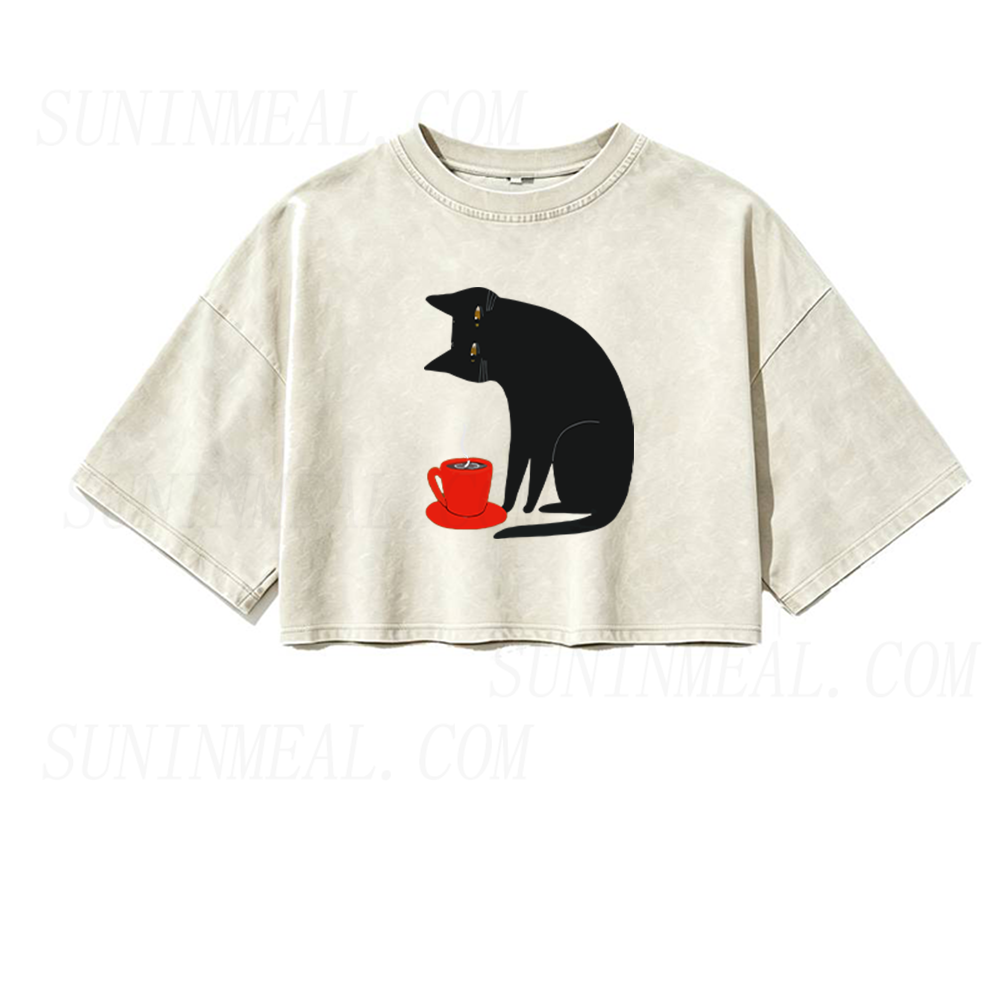 Black Cat Red Cup Oversized Crop Tee