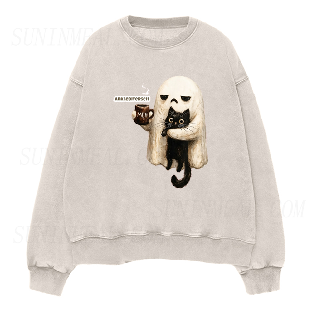 Ghost Black Cat Coffee Halloween Unisex Crewneck Sweatshirt