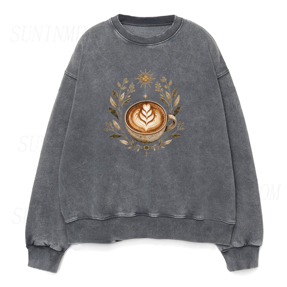 Vintage Floral Sun Coffee Cup Graphic Unisex Crewneck Sweatshirt
