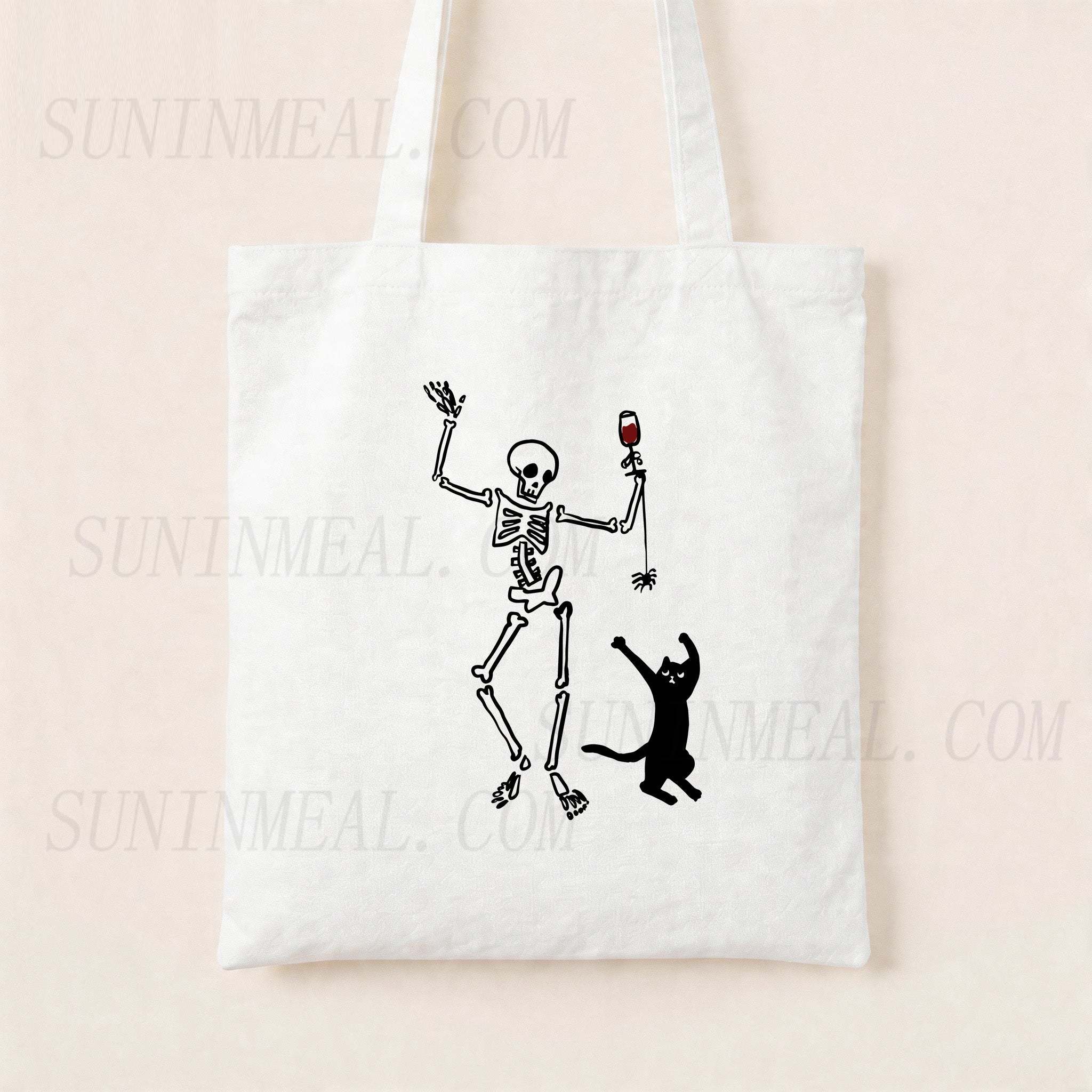 Dancing Skeleton and Cat Canvas Tote Bag