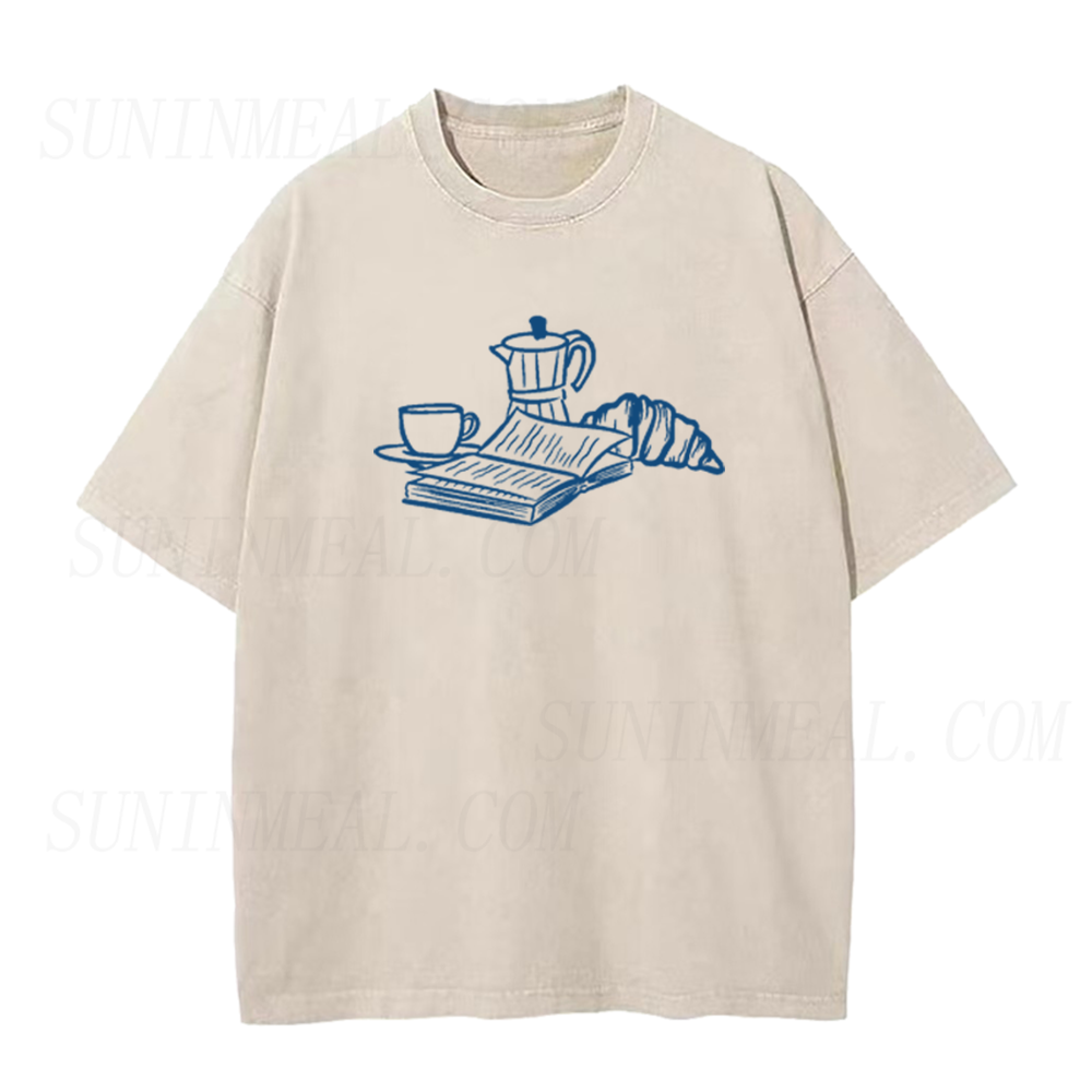 French Breakfast Coffee Book Croissant Unisex Tee