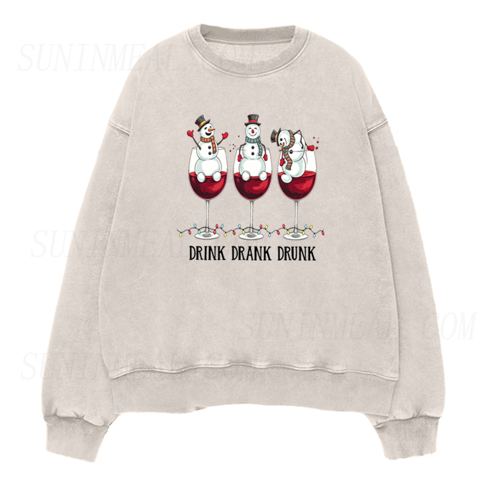 Drink Drank Drunk Funny Snowman Wine Glass Christmas Graphic Unisex Crewneck Sweatshirt