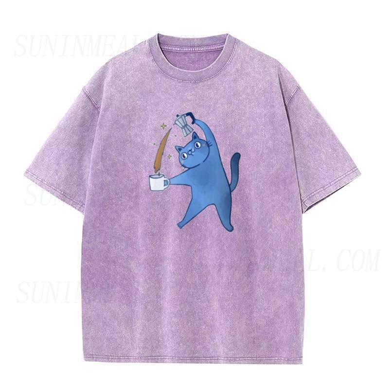 ブルーコーヒーキャットユニセックスTシャツ