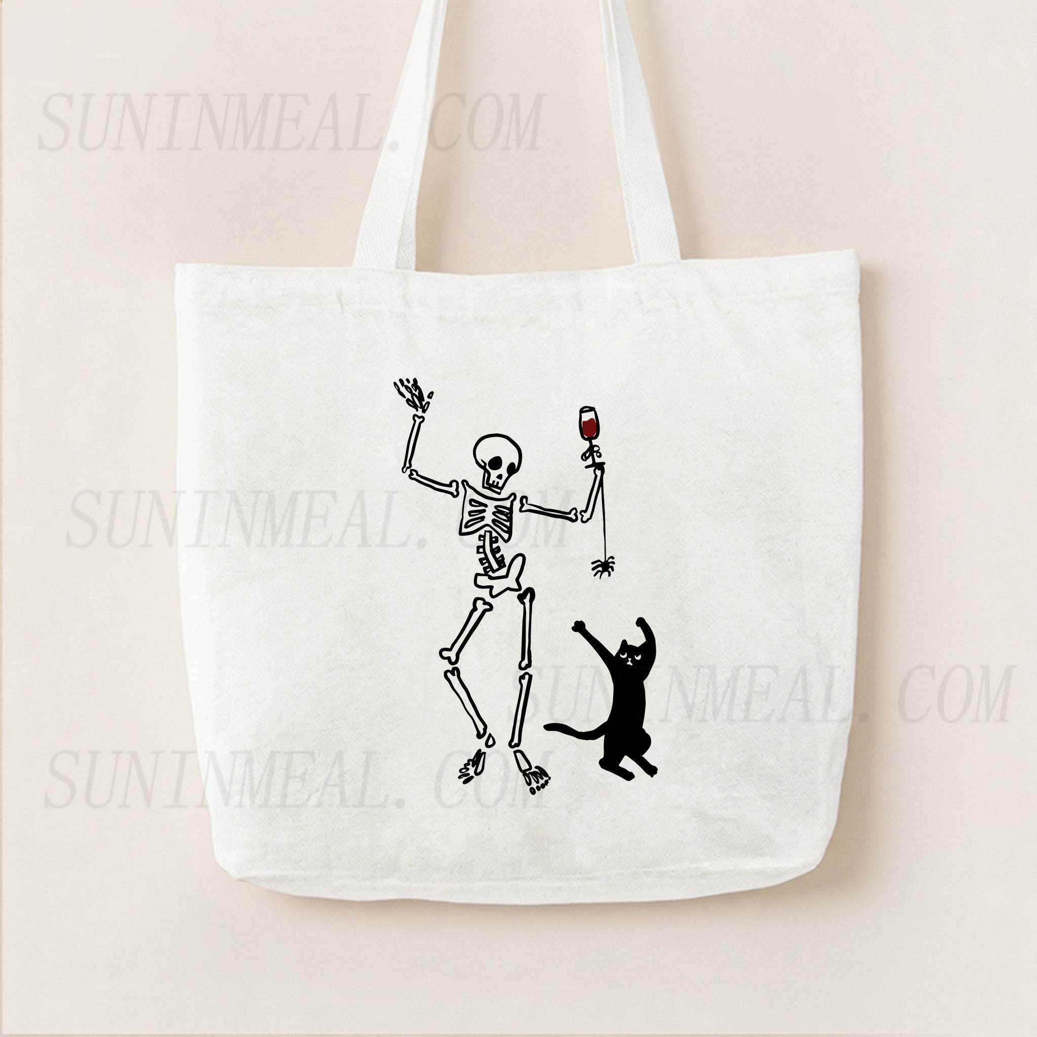 Dancing Skeleton and Cat Canvas Tote Bag